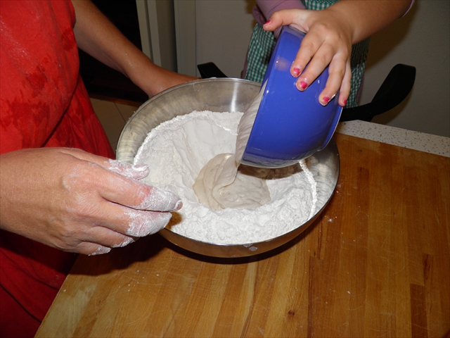 add it to the flour in a large bowl or on a pastry board